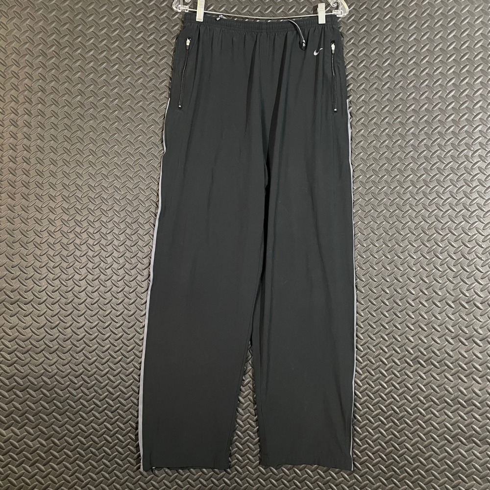 Nike Fit Dry Black Track Pants Womens Large Grey Stripe Zip Pockets Ankle‎ Zips